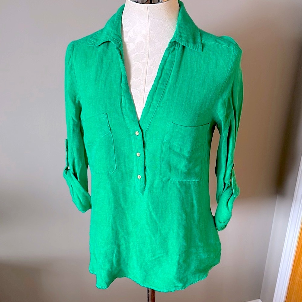 Zara Green Linen Button-Up Women's Shirt - Picture 4 of 12